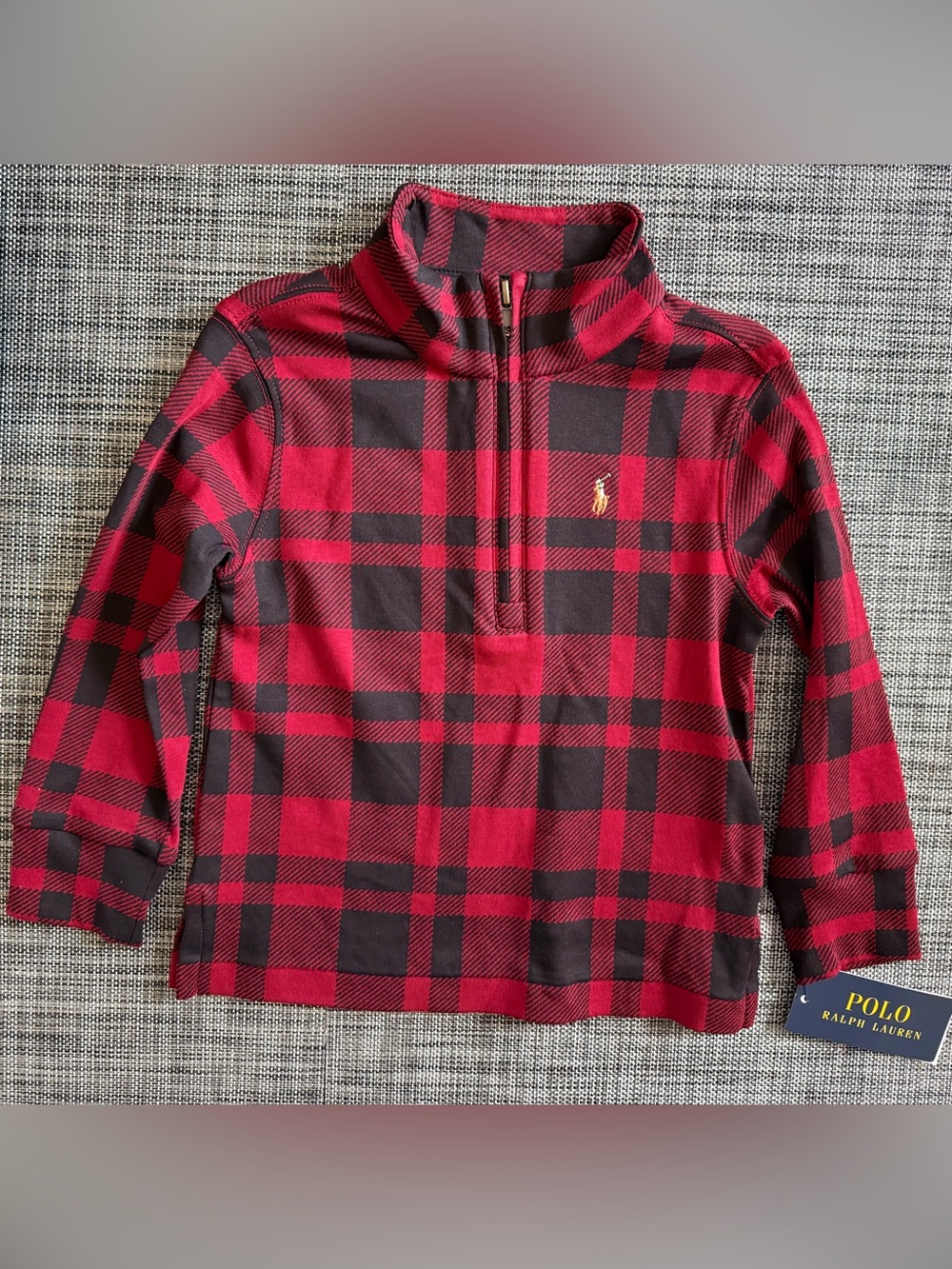 New Boy's Polo by Ralph Lauren Red & Black Plaid Quarter-Zip Sweatshirt